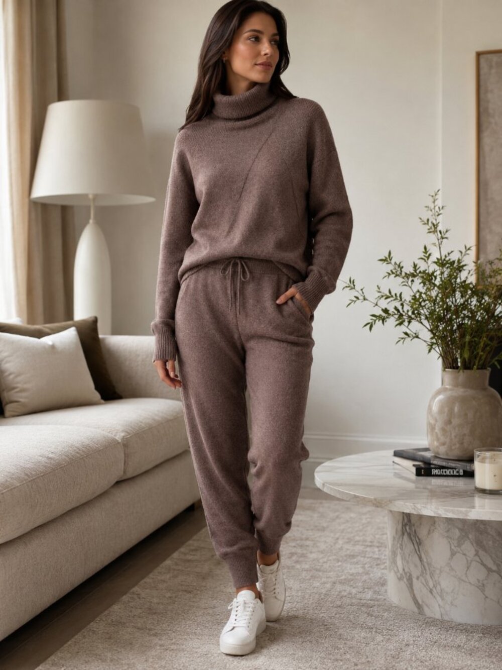 Brown Taupe Knit Turtleneck Sweater & Jogger Pants Set Women’s Cozy Lounge Set